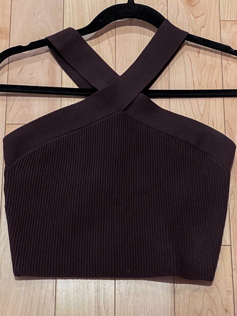 Babaton Chocolate Brown Criss Cross Ribbed Knit Crop Top Medium Aritzia